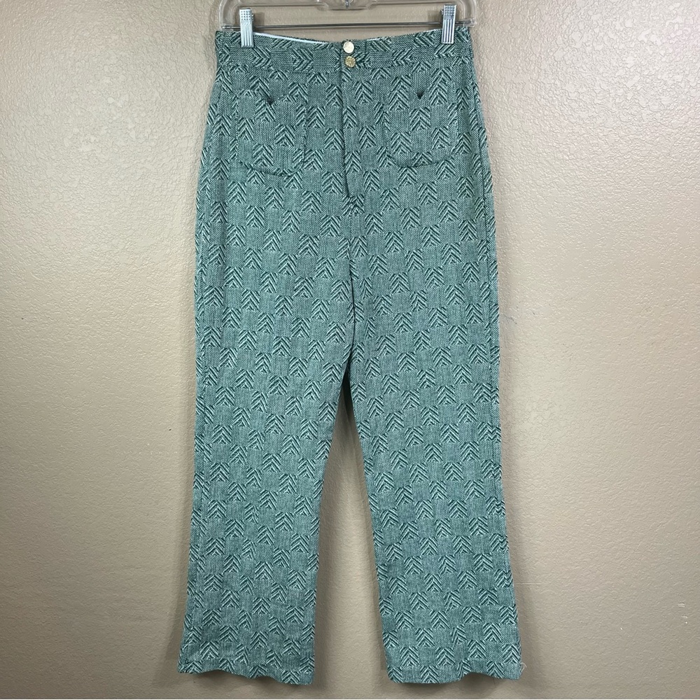 Vintage Green and White Print Straight Leg High Rise Pants